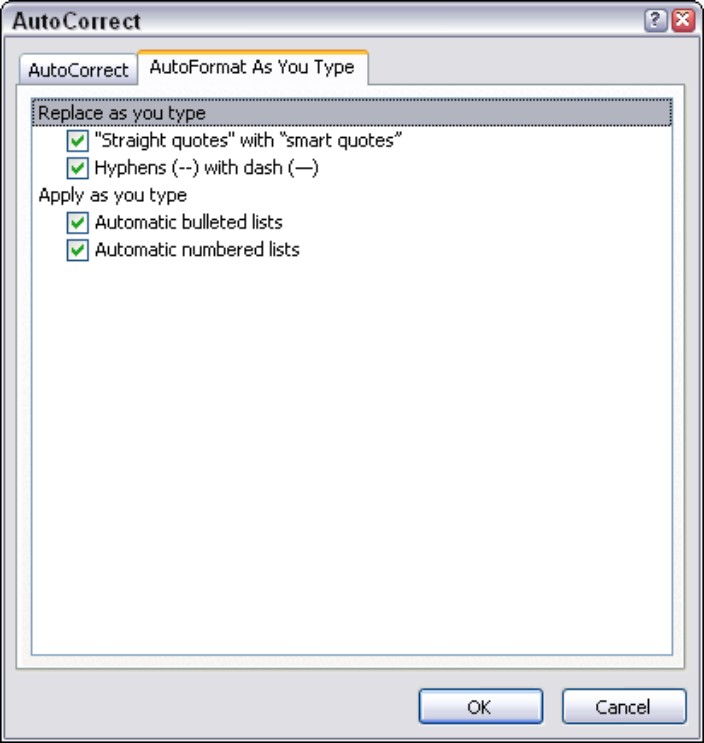 Figure 12-7: The AutoFormat As You Type tab of the AutoCorrect dialog box.